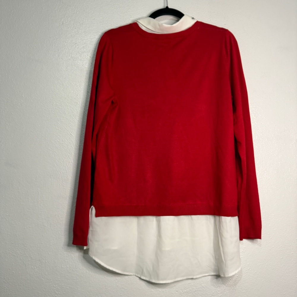 Adrianna Papell Red V-Neck Layered Sweater with White Shirt Detail - Picture 5 of 9